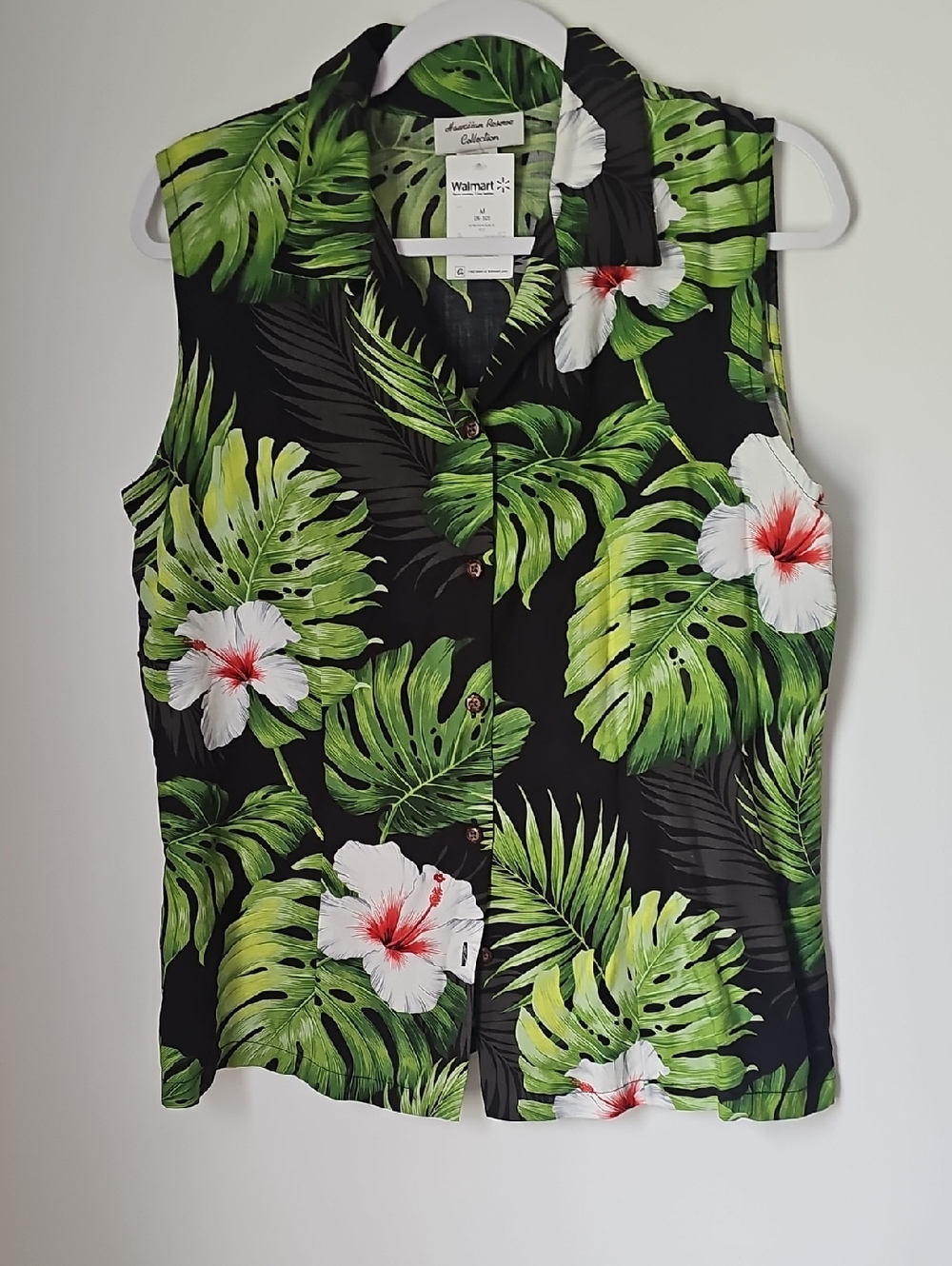 Tropical Monstera Hibiscus Sleeveless Button-Up Top